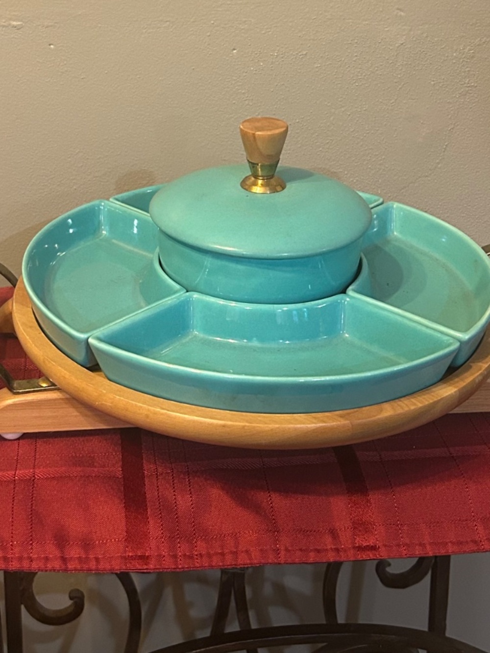 Vintage MCM Pottery Ceramic Condiment Snack Tray Server Wooden Lazy Susan